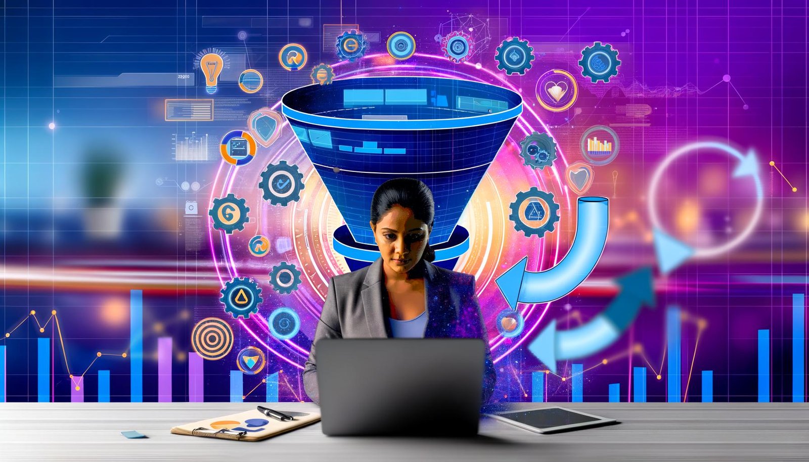 Dynamische Illustration eines Solo-Marketers im Homeoffice vor Laptop mit WooCommerce-Dashboard, umgeben von technischen Funnel- und Automatisierungs-Symbolen.