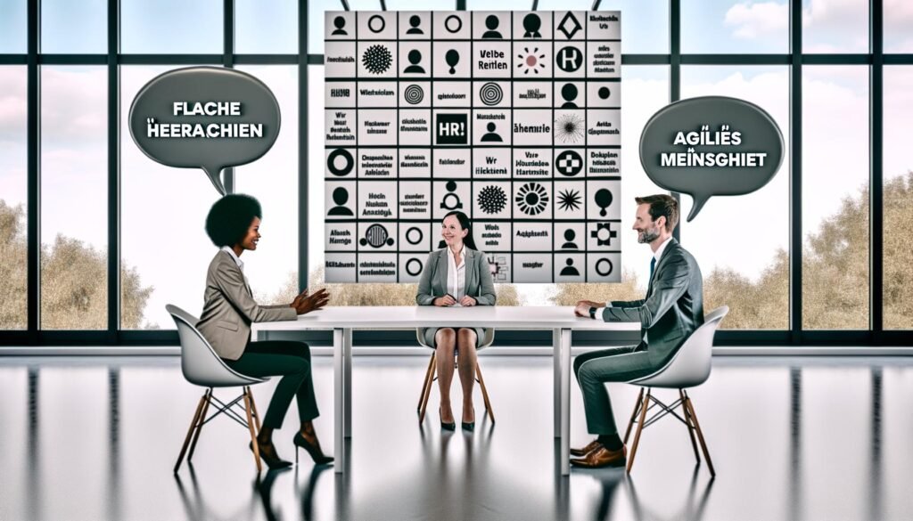 Illustration eines Vorstellungsgesprächs, bei dem Personalmanager und ein Bewerber von typischen Floskeln wie „flache Hierarchien“ und „agiles Mindset“ umgeben sind. Im Hintergrund ist eine Bingo-Karte voller Unternehmensbuzzwords zu sehen.