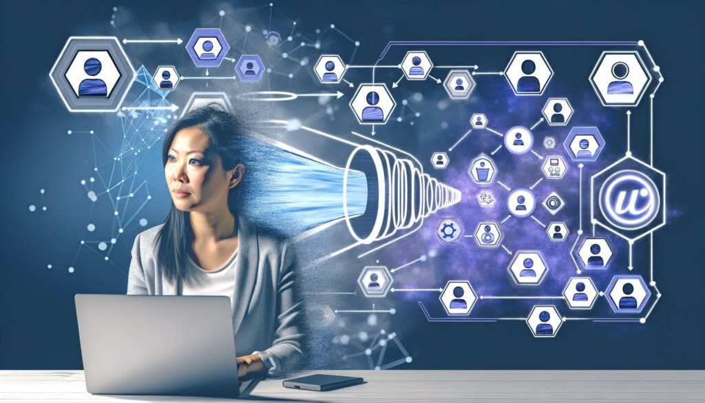 Moderne Illustration eines Einzelunternehmers, der am Laptop arbeitet. Auf dem Bildschirm sieht man das WooCommerce-Logo und eine mehrstufige schematische Funnel-Grafik mit verbundenen Nutzer-Icons. Im Hintergrund angedeutete Datenströme für Automatisierung und personalisierte Customer Journeys.