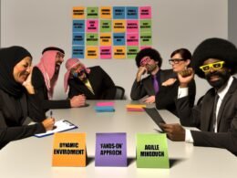 Sechs Mitarbeitende bei einem satirischen Recruiting-Bingo im modernen Meetingraum mit Recruiting-Jargon-Begriffen auf Bingo-Karten, ernsten HR-Mitarbeitern und humorvoller Gruppendynamik.