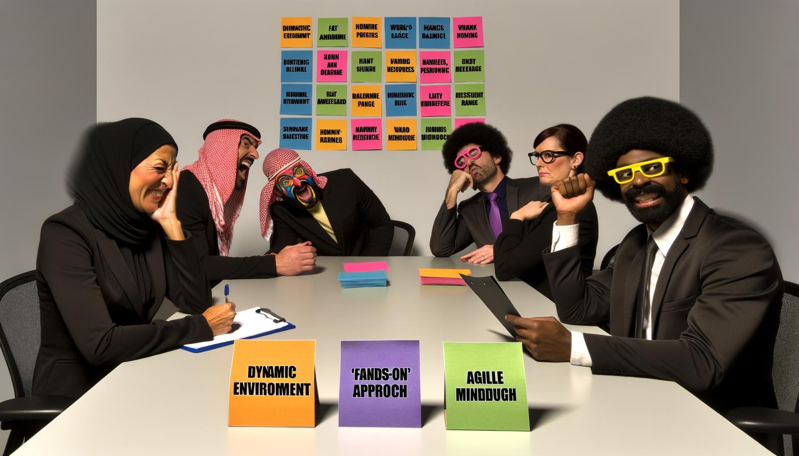 Sechs Mitarbeitende bei einem satirischen Recruiting-Bingo im modernen Meetingraum mit Recruiting-Jargon-Begriffen auf Bingo-Karten, ernsten HR-Mitarbeitern und humorvoller Gruppendynamik.