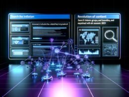 Digitales Control Dashboard mit leuchtenden holografischen Daten-Panels, verbundenen Knowledge Graphs und Thema-Clustern im Stil eines High-Tech-Arbeitsplatzes.