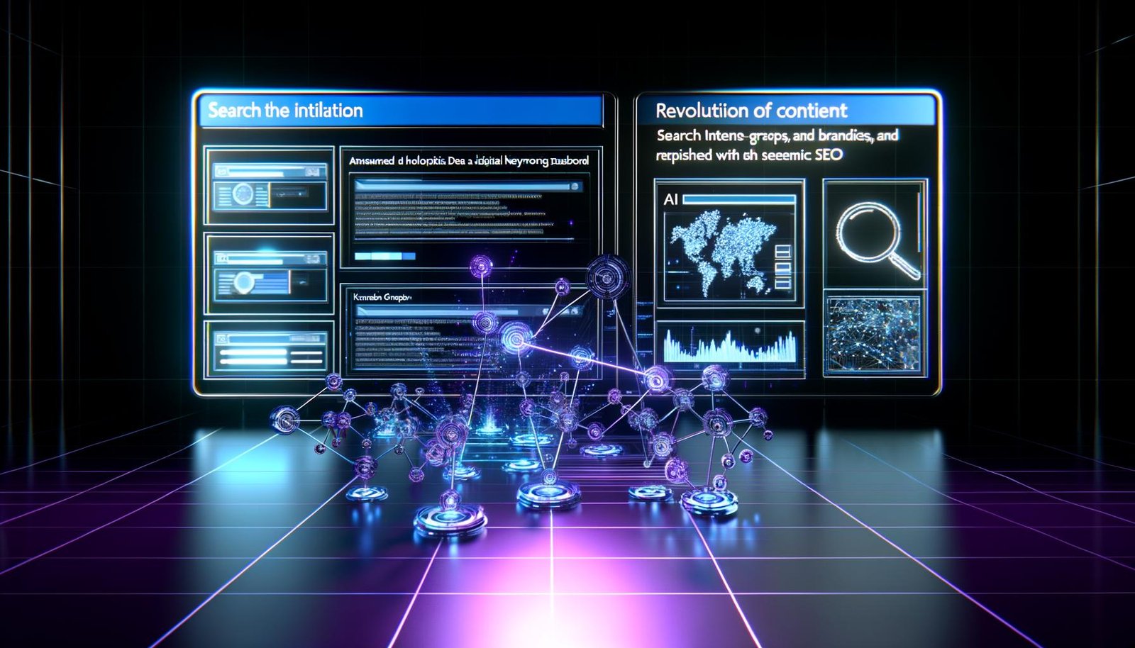 Digitales Control Dashboard mit leuchtenden holografischen Daten-Panels, verbundenen Knowledge Graphs und Thema-Clustern im Stil eines High-Tech-Arbeitsplatzes.