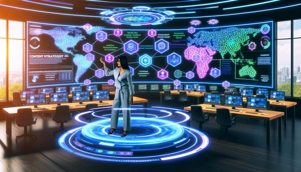 Futuristische Redaktionsszene mit digitalem Arbeitsplatz, mehreren leuchtenden Bildschirmen, Daten-Visualisierungen und einer Content-Strategin, die moderne Tools mit Gesten steuert.