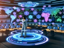 Futuristische Redaktionsszene mit digitalem Arbeitsplatz, mehreren leuchtenden Bildschirmen, Daten-Visualisierungen und einer Content-Strategin, die moderne Tools mit Gesten steuert.