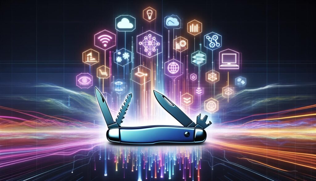 Modernes Digital-Kunstwerk eines Schweizer Taschenmessers, das nahtlos in digitale Symbole wie Datenströme, Cloud-Icons, Diagramme und ML-Modelle übergeht, mit leuchtenden Neonfarben und cloudbasiertem Daten-Layer im Hintergrund.