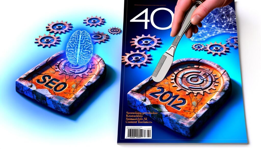 Illustration einer zerbrochenen Steintafel mit ‚SEO 2012‘, die von einem Skalpell mit ‚Semantische Content Tools‘ durchdrungen wird. Im Hintergrund verbinden sich Zahnräder mit digitalen Netzwerken in leuchtenden Blau- und Orangetönen.