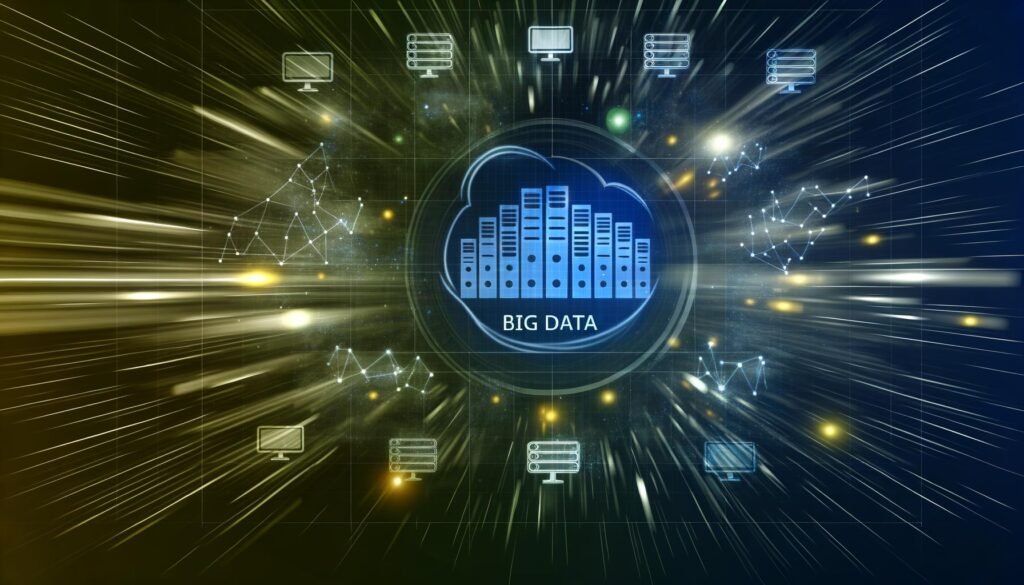 Illustration eines modernen Daten-Ökosystems mit BigQuery-Logo, dynamischen Datenströmen und verblassenden 80er-Jahre-Server-Icons, unterstrichen durch leuchtende Linien und Diagramme für Geschwindigkeit und Skalierbarkeit.