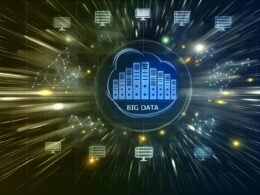 Illustration eines modernen Daten-Ökosystems mit BigQuery-Logo, dynamischen Datenströmen und verblassenden 80er-Jahre-Server-Icons, unterstrichen durch leuchtende Linien und Diagramme für Geschwindigkeit und Skalierbarkeit.