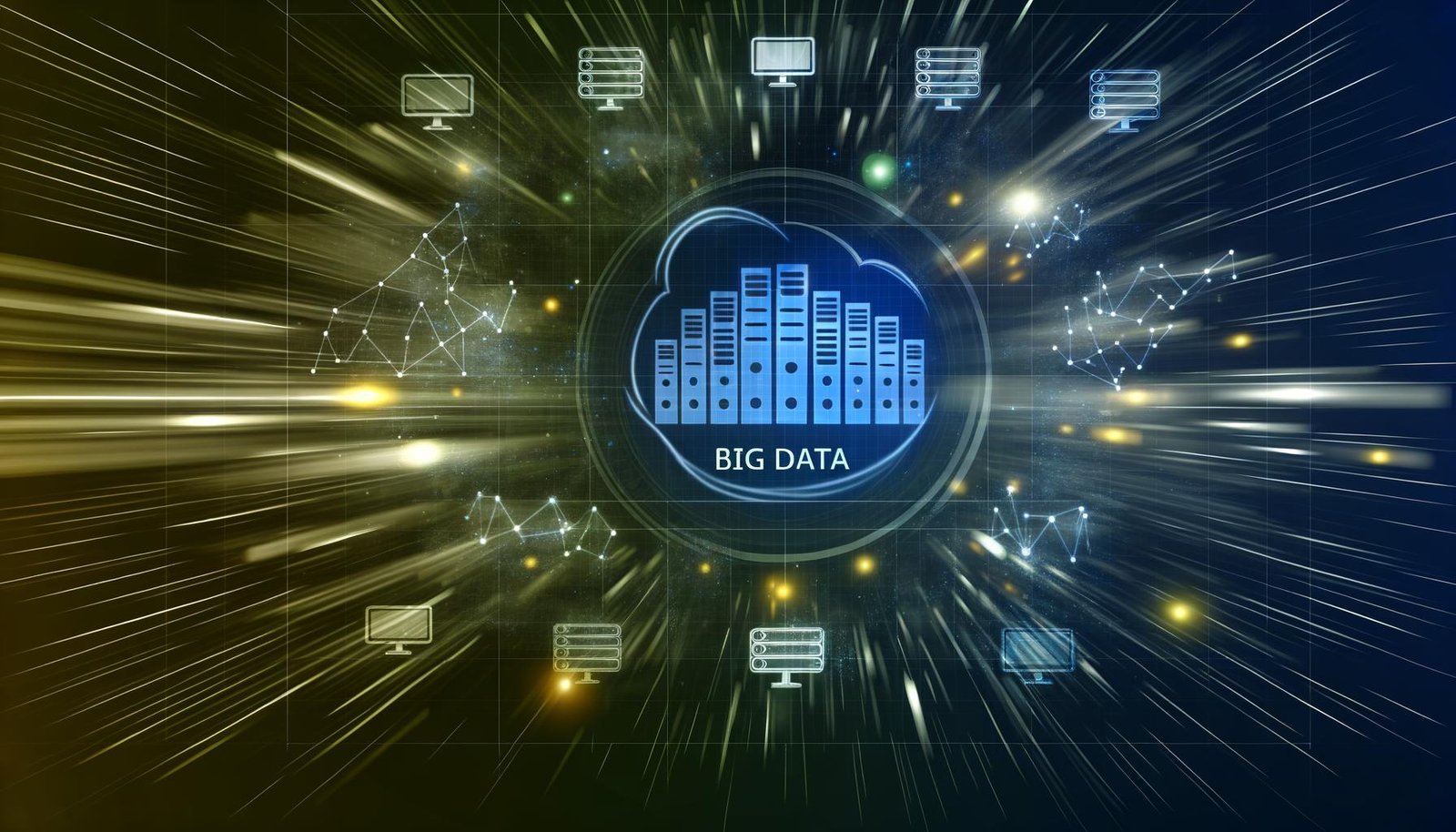 Illustration eines modernen Daten-Ökosystems mit BigQuery-Logo, dynamischen Datenströmen und verblassenden 80er-Jahre-Server-Icons, unterstrichen durch leuchtende Linien und Diagramme für Geschwindigkeit und Skalierbarkeit.
