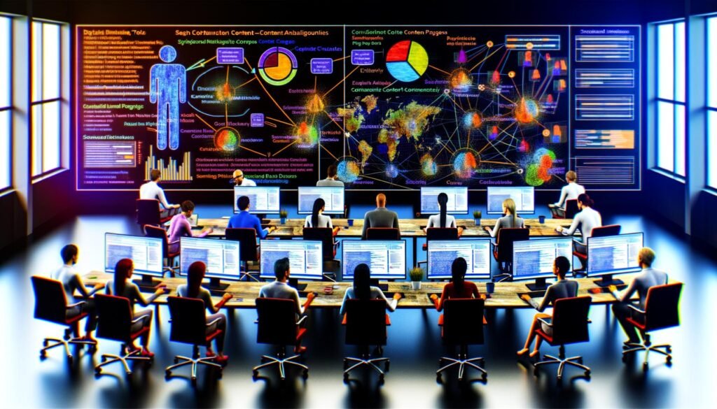 Digitale Marketer und Content-Strategen in einem modernen Büro analysieren semantische Topic Cluster und Content-Daten auf Monitoren. Ein großes Whiteboard zeigt Content-Architektur mit vernetzten Pillar Pages.