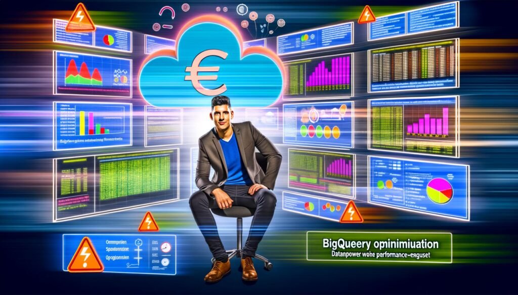 Illustration eines Datenanalysten vor mehreren Bildschirmen mit BigQuery-Logo, Datenströmen, Diagrammen, SQL-Code, Euro-Zeichen und Performanceanzeigen. Headline: 'BigQuery Optimierung: Datenpower ohne Performance-Verlust.'