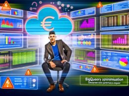 Illustration eines Datenanalysten vor mehreren Bildschirmen mit BigQuery-Logo, Datenströmen, Diagrammen, SQL-Code, Euro-Zeichen und Performanceanzeigen. Headline: 'BigQuery Optimierung: Datenpower ohne Performance-Verlust.'