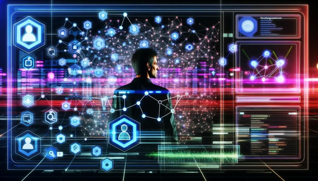 Futuristische digitale Schaltzentrale mit holografischen Netzwerken, KI-Icons und datenanalysierender Person am Dashboard