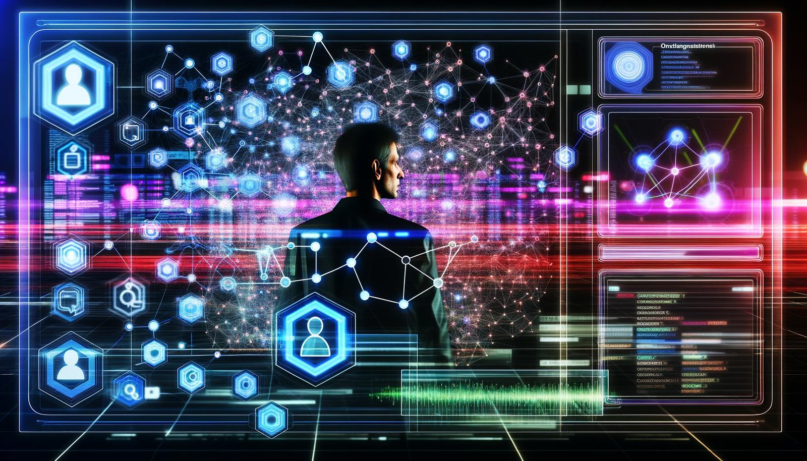 Futuristische digitale Schaltzentrale mit holografischen Netzwerken, KI-Icons und datenanalysierender Person am Dashboard