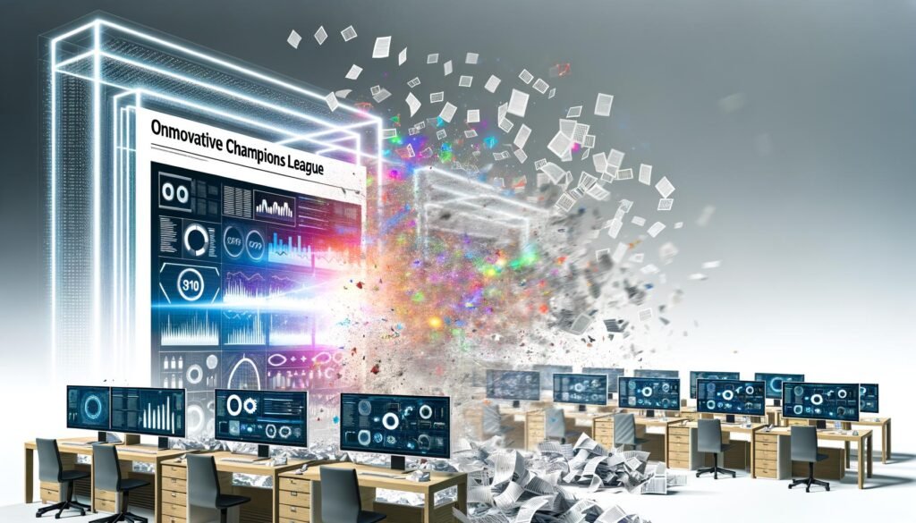 Moderner Büroarbeitsplatz mit mehreren Monitoren, die BigQuery-Dashboards, Datenpipelines und Diagramme zeigen, im Hintergrund die Visualisierung des Wandels von chaotischen Papierdaten zu strukturierten digitalen Datenflüssen.