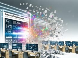 Moderner Büroarbeitsplatz mit mehreren Monitoren, die BigQuery-Dashboards, Datenpipelines und Diagramme zeigen, im Hintergrund die Visualisierung des Wandels von chaotischen Papierdaten zu strukturierten digitalen Datenflüssen.