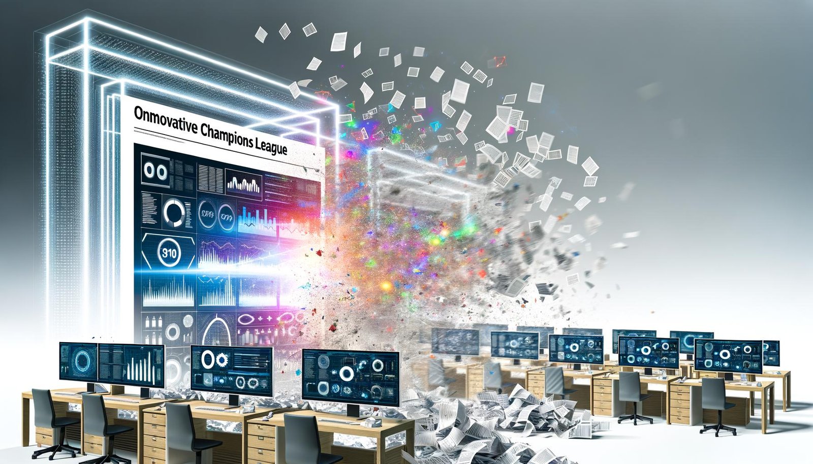 Moderner Büroarbeitsplatz mit mehreren Monitoren, die BigQuery-Dashboards, Datenpipelines und Diagramme zeigen, im Hintergrund die Visualisierung des Wandels von chaotischen Papierdaten zu strukturierten digitalen Datenflüssen.