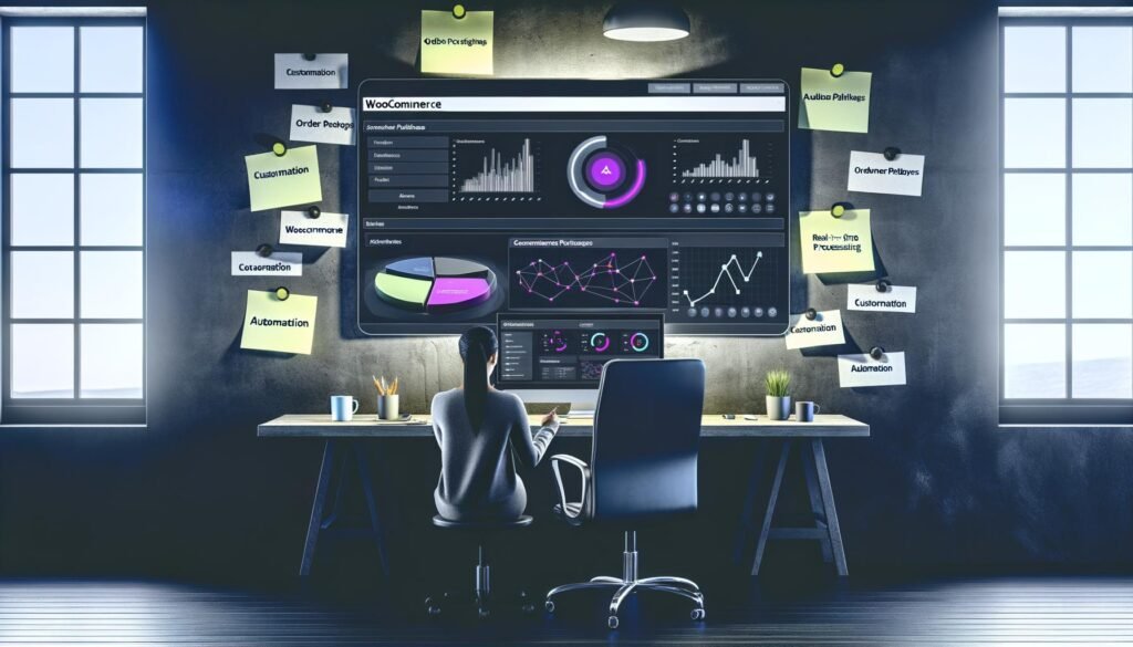 Moderner Arbeitsplatz eines Unternehmers mit WooCommerce Dashboard, Analyse-Grafiken, Post-its zu Personalisierung, technischer Ausrüstung und Kaffee in einer futuristischen Arbeitsumgebung.