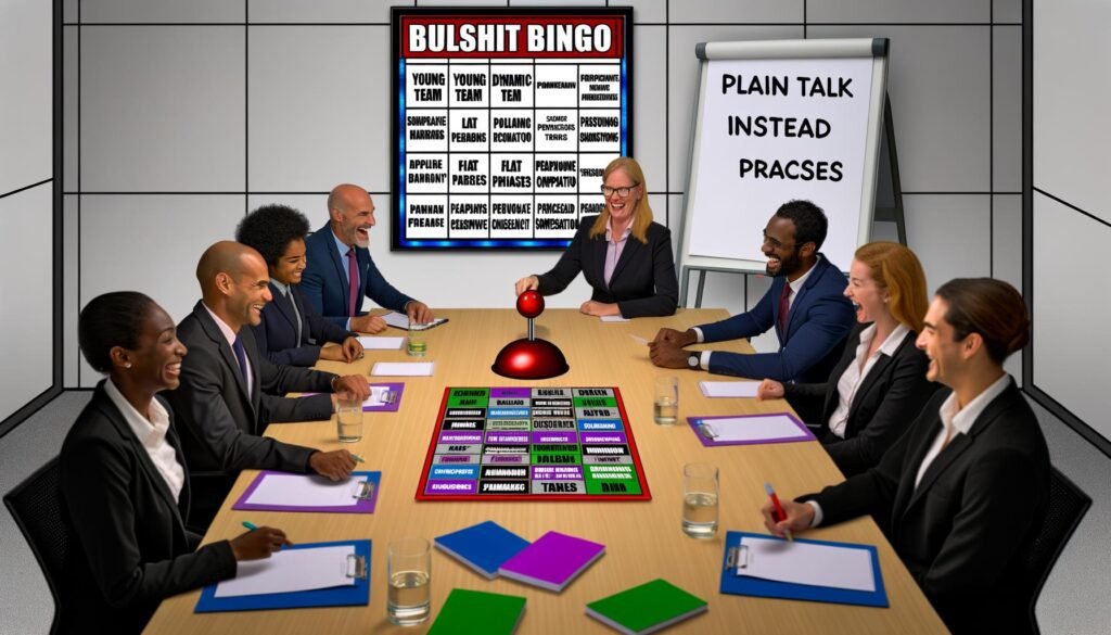 Büroszene mit Konferenztisch, Bewerbungsunterlagen, Notizblöcken und einem Bullshit Bingo Spielfeld. Menschen in Businesskleidung spielen während eines Meetings mit typischen Recruiting-Floskeln. Ein roter Buzzer und ein Flipchart mit dem Schriftzug 'Klartext statt Floskeln' sind zu sehen.