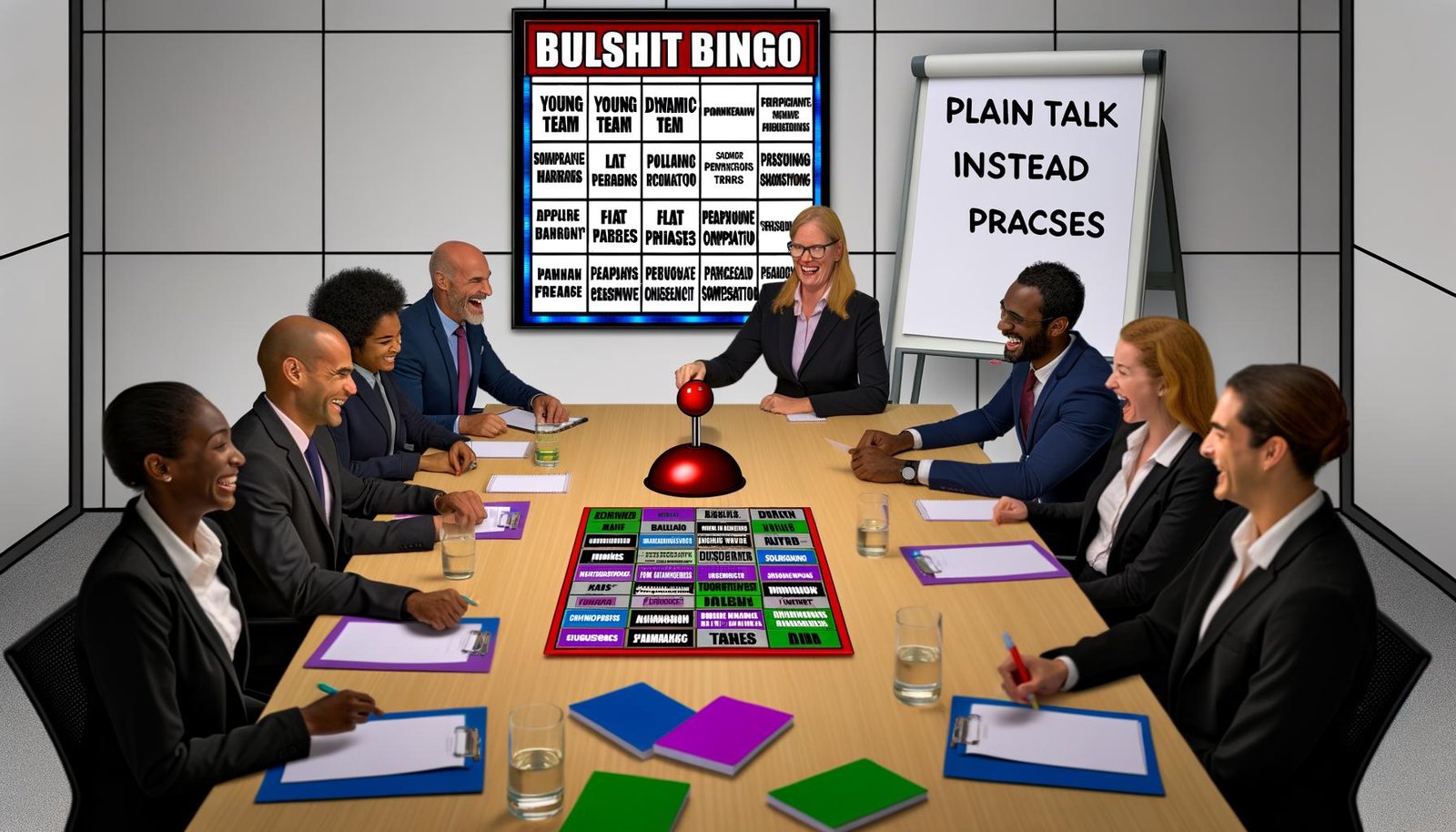 Büroszene mit Konferenztisch, Bewerbungsunterlagen, Notizblöcken und einem Bullshit Bingo Spielfeld. Menschen in Businesskleidung spielen während eines Meetings mit typischen Recruiting-Floskeln. Ein roter Buzzer und ein Flipchart mit dem Schriftzug 'Klartext statt Floskeln' sind zu sehen.