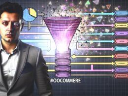 Einzelunternehmer vor moderner WooCommerce-Funnel-Grafik mit digitalen Automatisierungs-, Analyse- und Personalisierungs-Symbolen; im Hintergrund zerbrechen bunte alte Trichterformen.