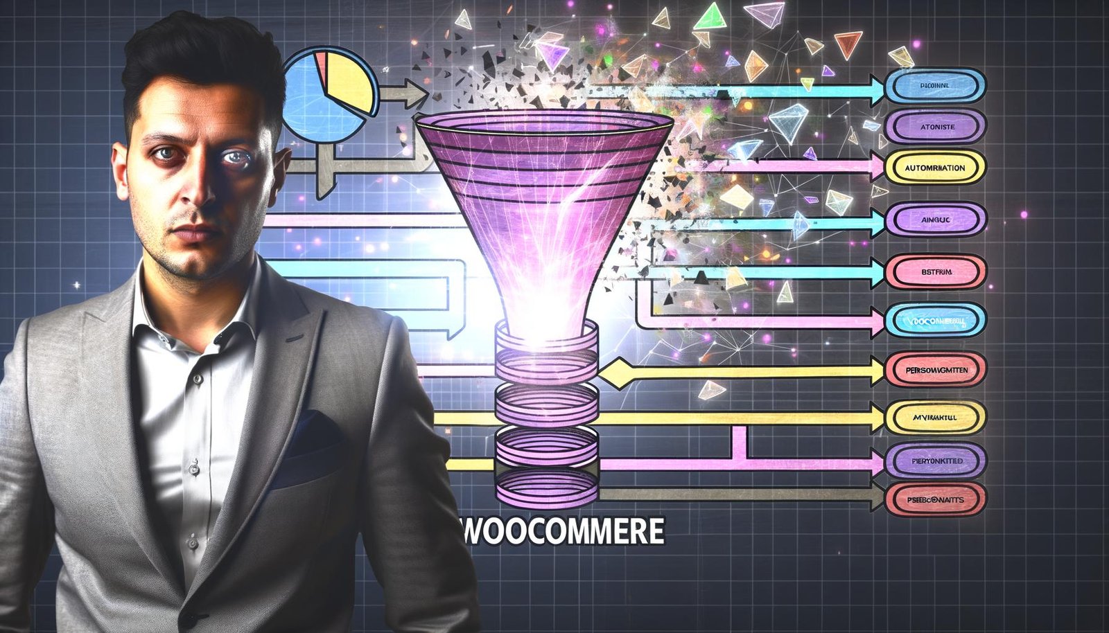 Einzelunternehmer vor moderner WooCommerce-Funnel-Grafik mit digitalen Automatisierungs-, Analyse- und Personalisierungs-Symbolen; im Hintergrund zerbrechen bunte alte Trichterformen.