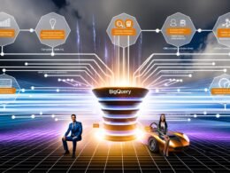 Futuristisches Marketing-Team analysiert Daten vor einer holografischen BigQuery-Visualisierung, mit strukturierter Projektübersicht, ETL-Grafik, SQL-Features, Compliance-Symbolen und Infografik zu Marketing-Workflows, ergänzt durch eine Szene zum Market Leadership.