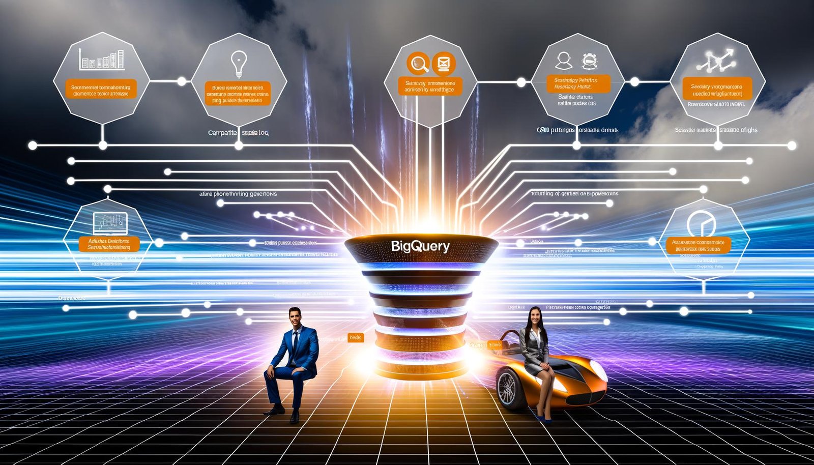 Futuristisches Marketing-Team analysiert Daten vor einer holografischen BigQuery-Visualisierung, mit strukturierter Projektübersicht, ETL-Grafik, SQL-Features, Compliance-Symbolen und Infografik zu Marketing-Workflows, ergänzt durch eine Szene zum Market Leadership.