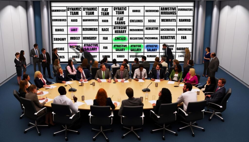 Konferenzraum mit HR-Managern und Personalern, die leidenschaftlich über Recruiting-Floskeln auf einem Whiteboard diskutieren. Mitarbeitende im Vordergrund rollen genervt mit den Augen und markieren ihr Bingo-Blatt.