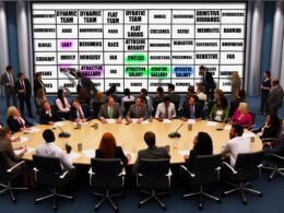 Konferenzraum mit HR-Managern und Personalern, die leidenschaftlich über Recruiting-Floskeln auf einem Whiteboard diskutieren. Mitarbeitende im Vordergrund rollen genervt mit den Augen und markieren ihr Bingo-Blatt.