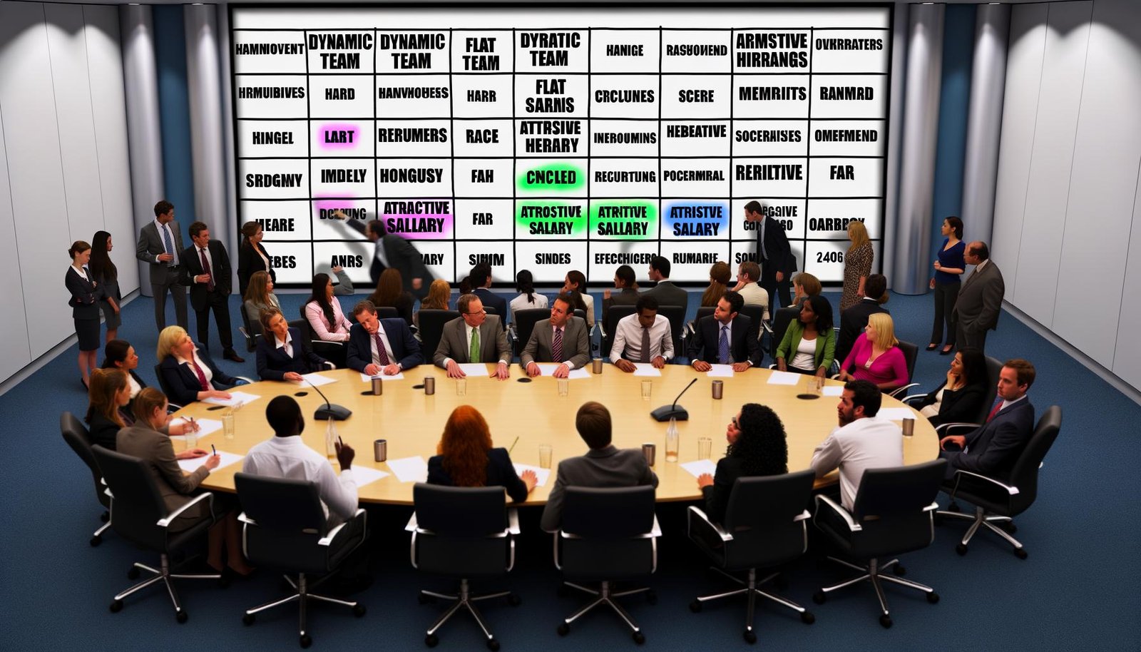 Konferenzraum mit HR-Managern und Personalern, die leidenschaftlich über Recruiting-Floskeln auf einem Whiteboard diskutieren. Mitarbeitende im Vordergrund rollen genervt mit den Augen und markieren ihr Bingo-Blatt.