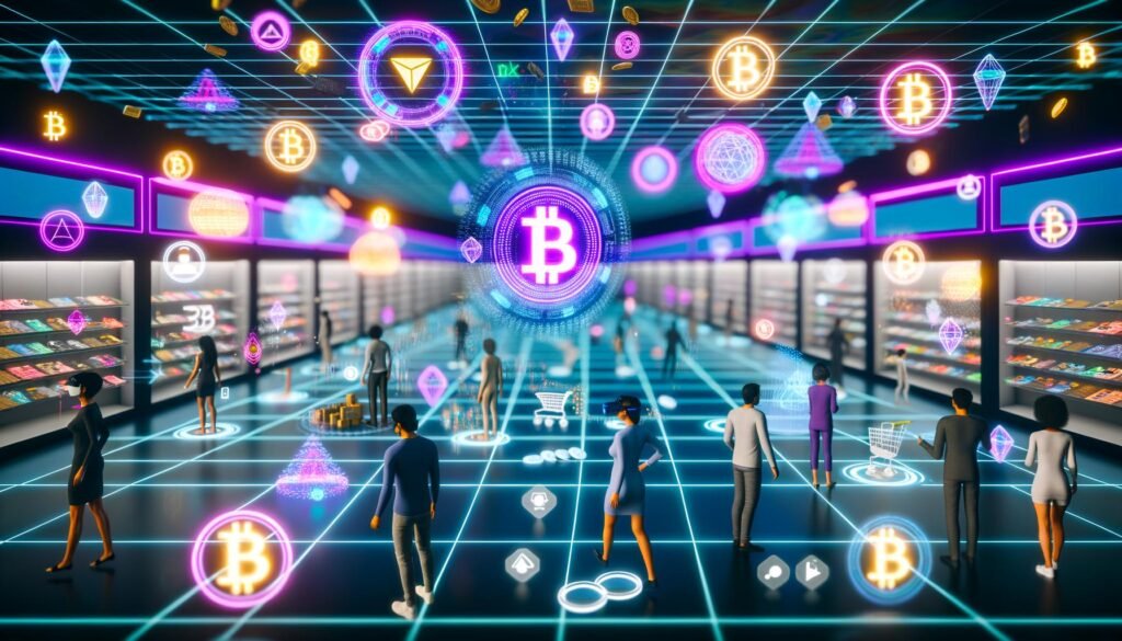 Futuristischer WooCommerce Metaverse Storefront mit Nutzer-Avataren, 3D-Produkten, NFT-Symbolen, Blockchain- und Krypto-Payment-Elementen in moderner, leuchtender Ladenumgebung.