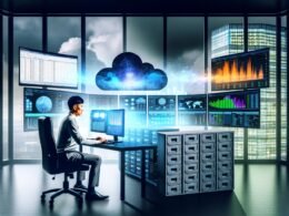 Junger Data Scientist vor Monitoren mit komplexen BigQuery SQL-Abfragen und Diagrammen in futuristisch beleuchtetem Büro; im Hintergrund Nebel mit verblassenden Excel-Tools und Server-Schränken, cloudbasierte Datenströme und Skyline.