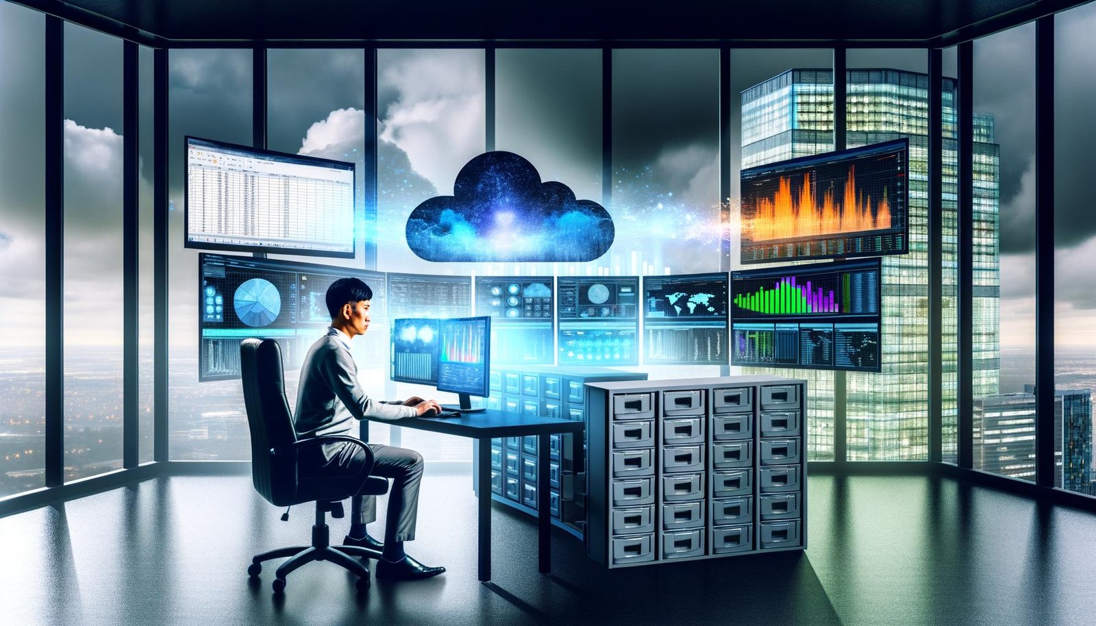 Junger Data Scientist vor Monitoren mit komplexen BigQuery SQL-Abfragen und Diagrammen in futuristisch beleuchtetem Büro; im Hintergrund Nebel mit verblassenden Excel-Tools und Server-Schränken, cloudbasierte Datenströme und Skyline.