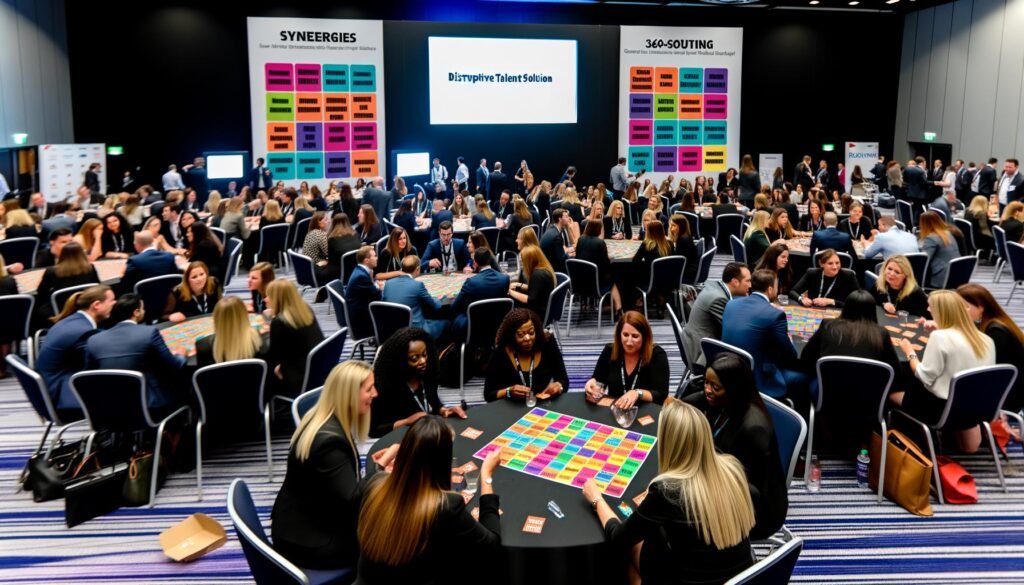 HR-Konferenzteilnehmer spielen Recruiting Bullshit Bingo mit bunten Karten, umgeben von Werbebannern mit HR-Buzzwords.