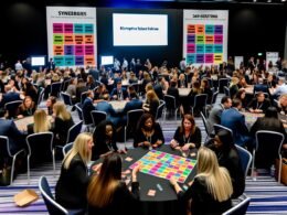 HR-Konferenzteilnehmer spielen Recruiting Bullshit Bingo mit bunten Karten, umgeben von Werbebannern mit HR-Buzzwords.