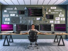 Moderner Arbeitsplatz mit WooCommerce-Dashboards, NFT- und Blockchain-Anwendungen, Hardware-Wallets und sicherheitsrelevanten Notizen, an dem ein digitaler Unternehmer konzentriert arbeitet.