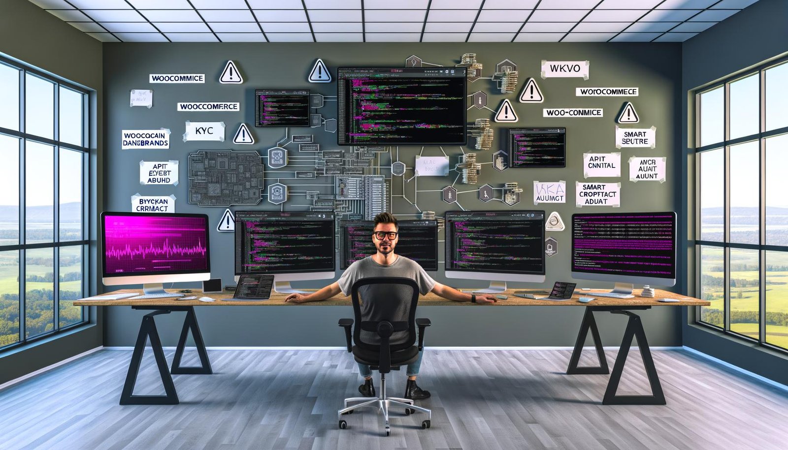 Moderner Arbeitsplatz mit WooCommerce-Dashboards, NFT- und Blockchain-Anwendungen, Hardware-Wallets und sicherheitsrelevanten Notizen, an dem ein digitaler Unternehmer konzentriert arbeitet.