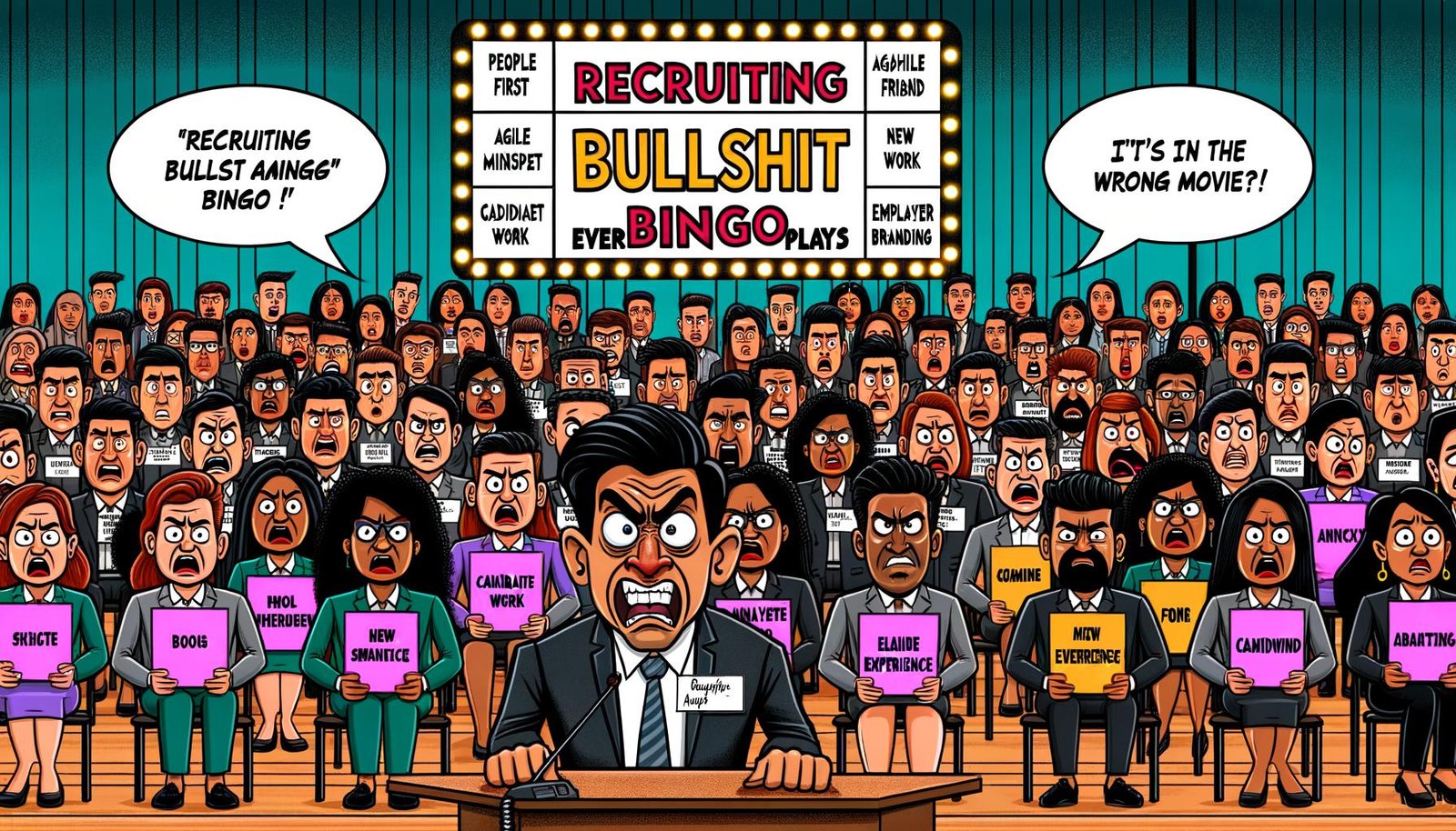Cartoon einer überdrehten Recruiting-Konferenz mit HR-Managern, die Buzzword-Bingo spielen, während aufgebrachte Phrasen von der Bühne geworfen werden. Im Vordergrund steht ein sichtlich genervter Bewerber.