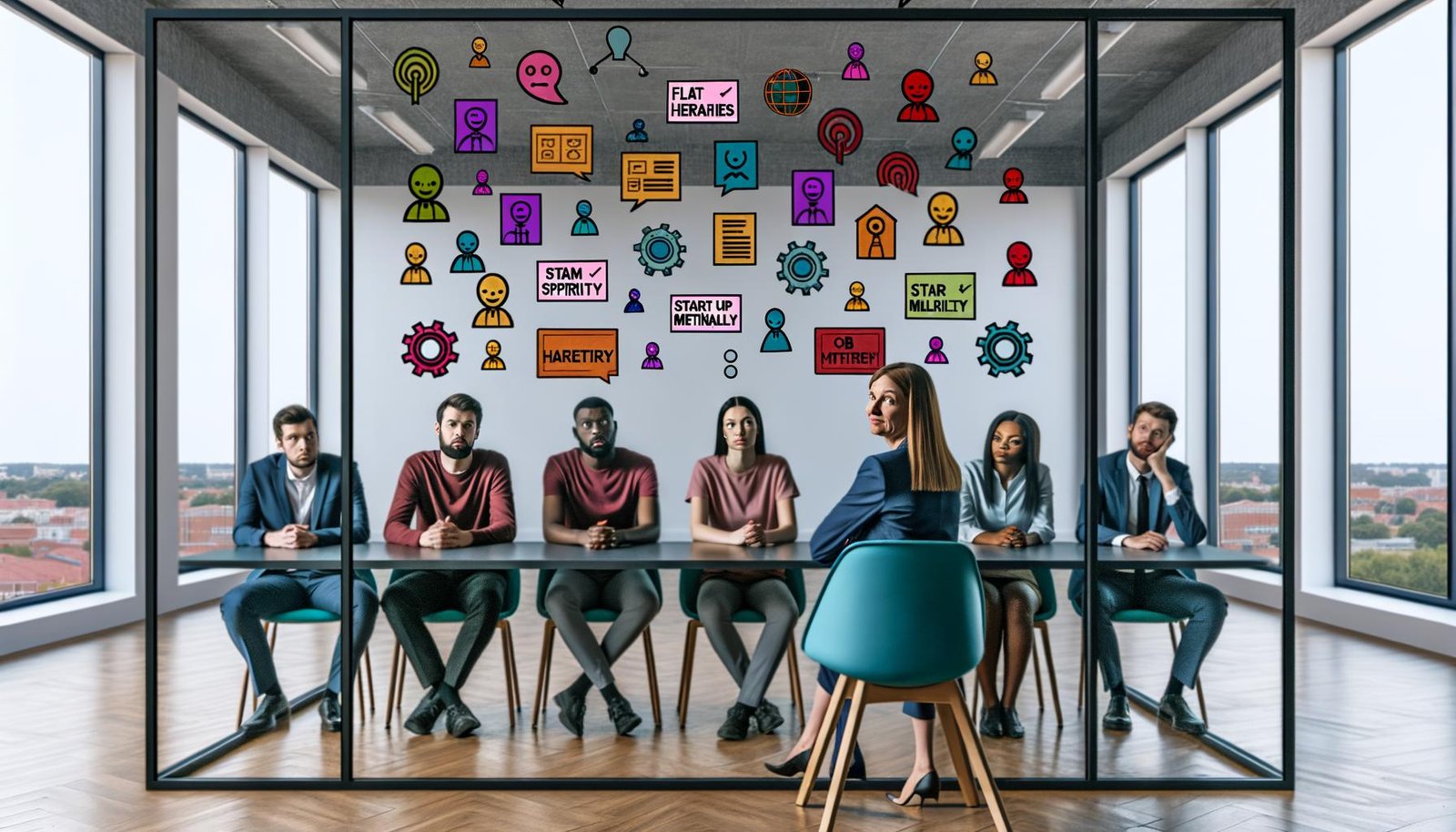 Eine Gruppe von Bewerbern sitzt mit gelangweilten und skeptischen Ausdrücken am Besprechungstisch eines modernen Großraumbüros. Gegenüber eine Recruiterin mit aufgesetztem Lächeln. Auf der Glasscheibe dahinter typische Recruiting-Floskeln und digitale Symbole wie Chatbots und KI.