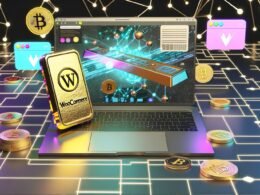 Futuristischer Schreibtisch mit Laptop, leuchtenden WooCommerce- und NFT-Symbolen, Blockchain-Verbindungen, Goldbarren mit ‚Passives Einkommen‘ und schwebenden Token mit Kunstwerken.
