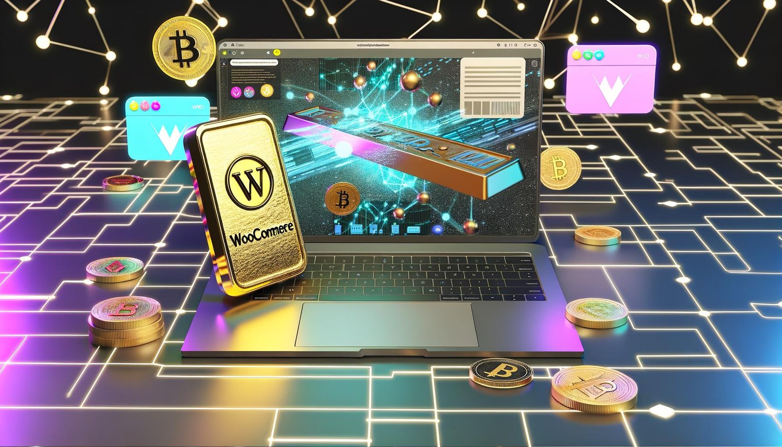 Futuristischer Schreibtisch mit Laptop, leuchtenden WooCommerce- und NFT-Symbolen, Blockchain-Verbindungen, Goldbarren mit ‚Passives Einkommen‘ und schwebenden Token mit Kunstwerken.