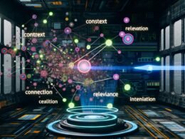 Ein moderner Maschinenraum mit leuchtenden Datenströmen, stilisierten Diagrammen und einem gigantischen Knowledge Graph, schwebenden Knotenpunkten und Begriffen wie „Kontext“, „Relevanz“ und „Intention“ in futuristischer Typografie.