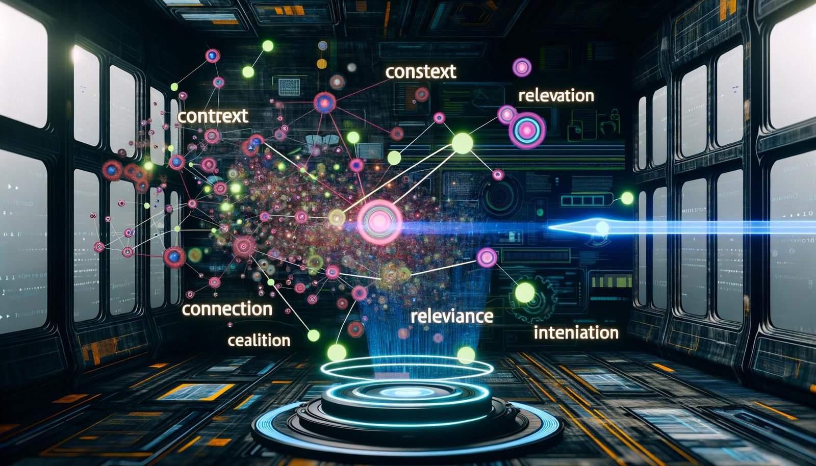 Ein moderner Maschinenraum mit leuchtenden Datenströmen, stilisierten Diagrammen und einem gigantischen Knowledge Graph, schwebenden Knotenpunkten und Begriffen wie „Kontext“, „Relevanz“ und „Intention“ in futuristischer Typografie.