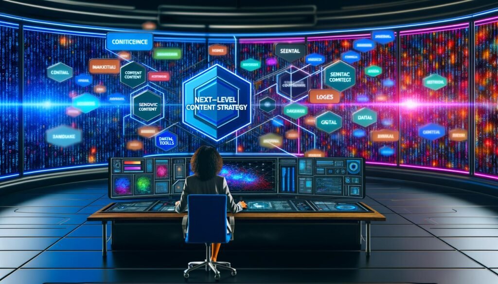 Futuristischer Kontrollraum mit Marketerin vor Monitoren, auf denen Datenströme, Netzwerkvisualisierungen und die Logos von SurferSEO, Frase, SEMrush und Neuroflash erscheinen.