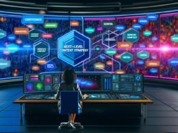 Futuristischer Kontrollraum mit Marketerin vor Monitoren, auf denen Datenströme, Netzwerkvisualisierungen und die Logos von SurferSEO, Frase, SEMrush und Neuroflash erscheinen.