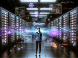 Data Engineer im High-Tech-Labor vor einem beleuchteten BigQuery-Dashboard, umgeben von Servern, Hologrammen und modernen Workflow-Diagrammen