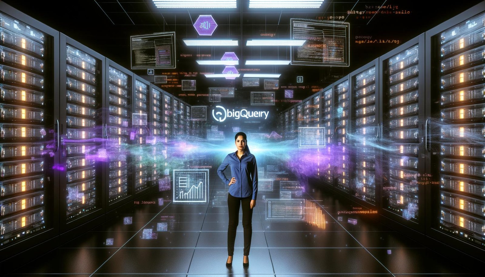 Data Engineer im High-Tech-Labor vor einem beleuchteten BigQuery-Dashboard, umgeben von Servern, Hologrammen und modernen Workflow-Diagrammen