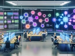 Modernes Redaktionsbüro mit transparenten Monitoren, digitalen Analyse-Dashboards und Teams, die an innovativen Content-Workflows arbeiten.